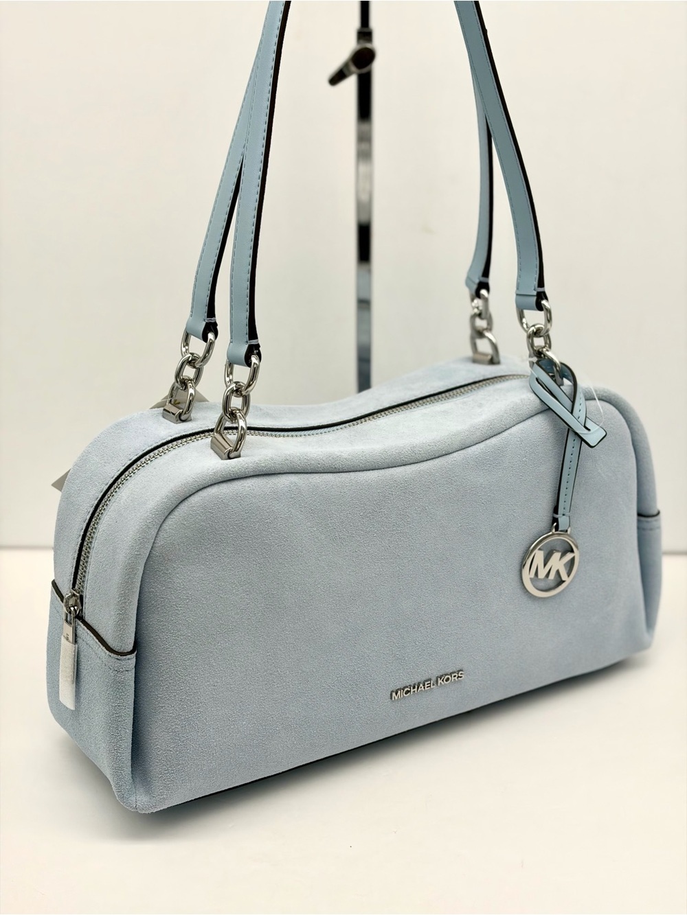 Michael Kors Light Blue Suede Shoulder Bag with Silver Hardware